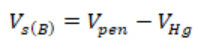 Density equation. Bulk volume equals total internal volume of the penetrometer minus volume of mercury occupying the space around the sample.