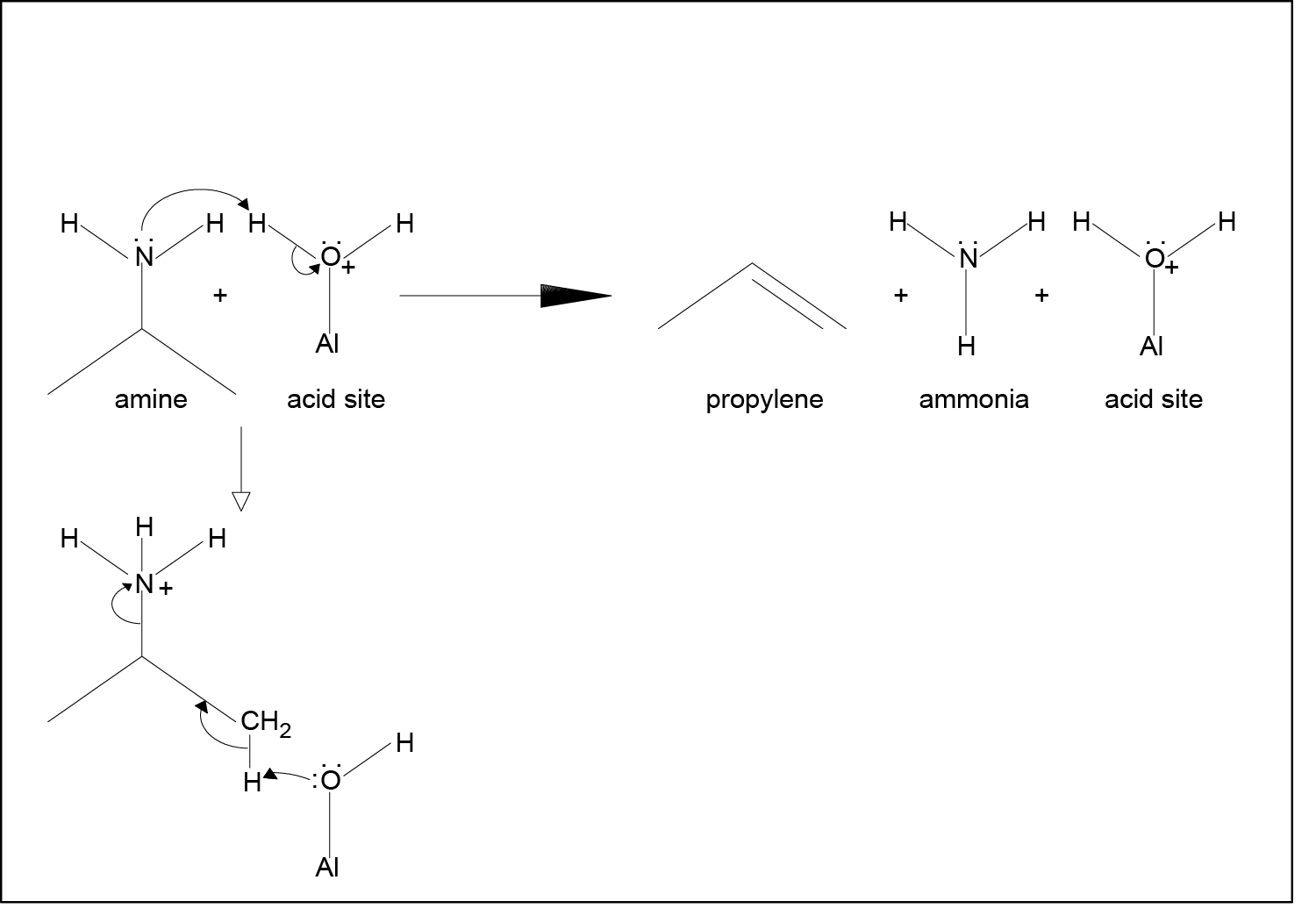 The amine reacts with acid sites to decompose into propylene and ammonia via a mechanism analogous to Hofmann Elimination.